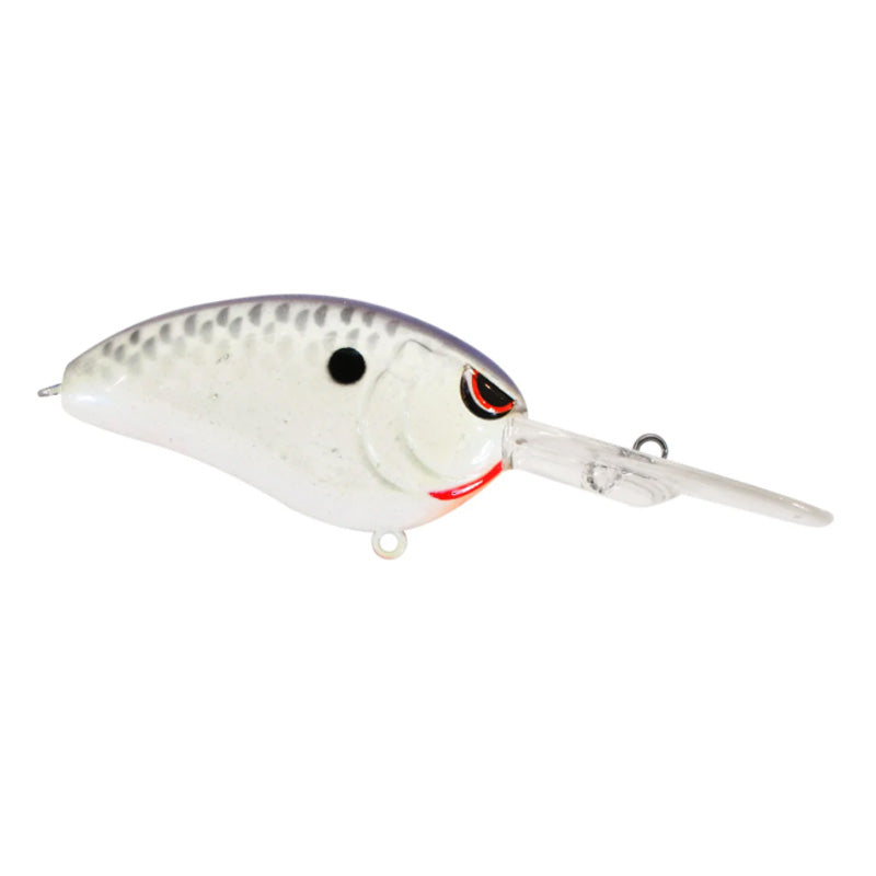 SPRO Little John Baby DD 60 Crankbait in white and silver finish with a realistic fish scale pattern, red and black eye details, and a long clear diving lip for fishing tackle.