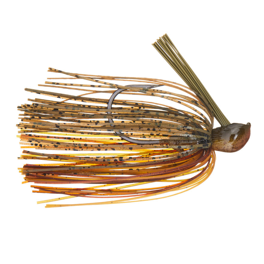 Greenfish Tackle Sinewy Jig fishing lure with orange, brown, and black speckled skirt, featuring a sharp hook and weed guard, designed for musky fishing tackle.