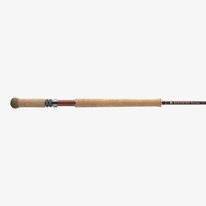 Redington Classic Spey Fly Rod with cork handle and metal reel seat shown horizontally for fly fishing and two handed casting