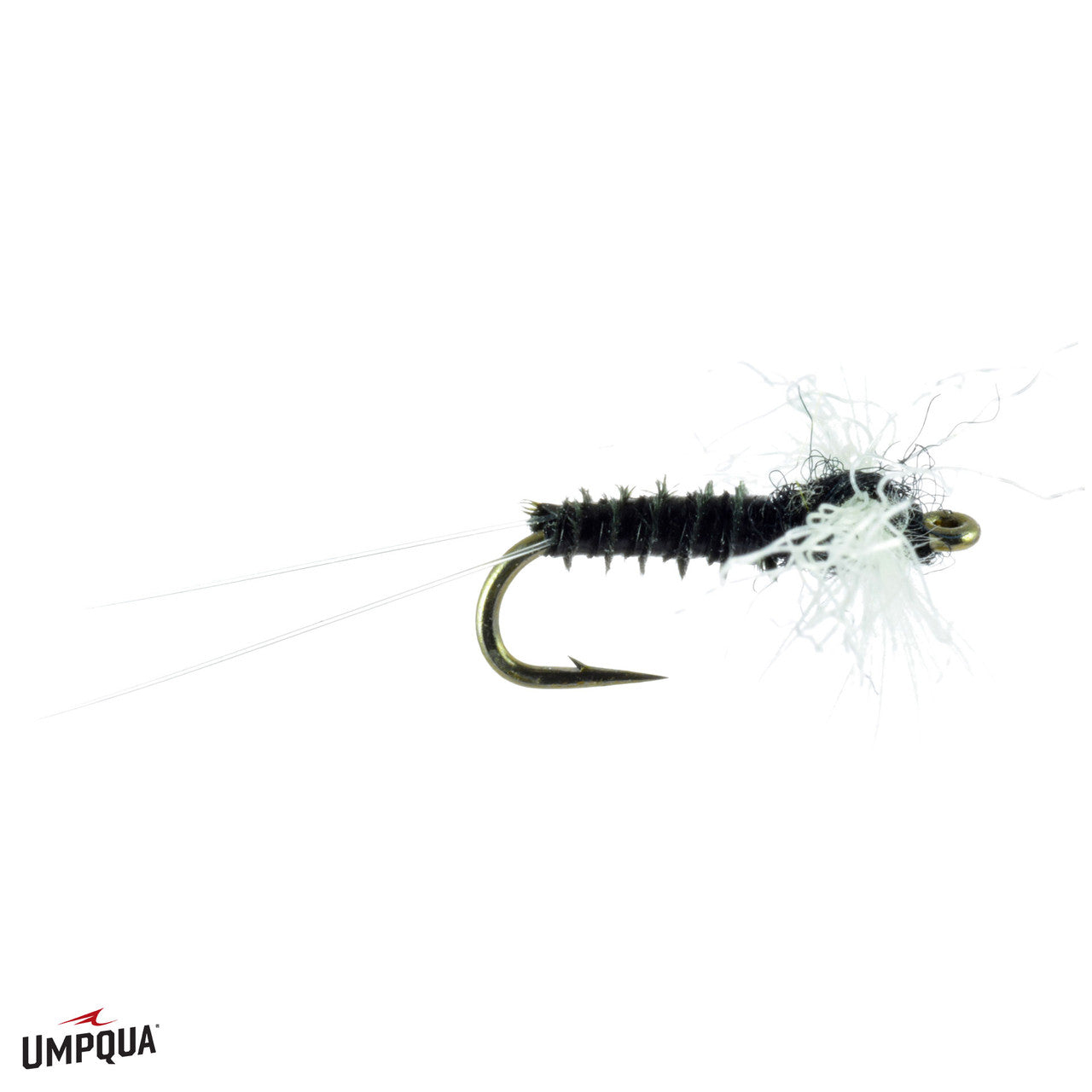 Trico CDC Spinner fishing lure with a black segmented body, fine tail fibers, and white fibrous wings designed for fly fishing and fishing tackle enthusiasts.