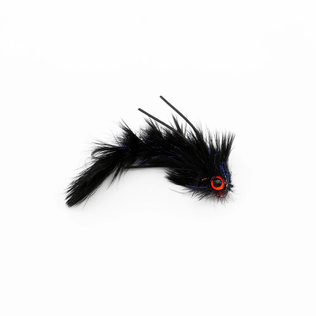 Flymen Next Woolly Bugger Changer fishing lure with black feathered body, segmented tail, and red eye designed for fly fishing and fishing tackle use.