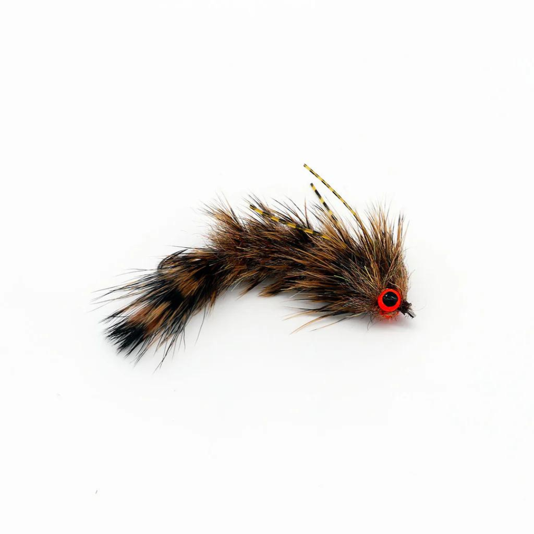 Flymen Next Woolly Bugger Changer fishing lure with detailed brown and black fur, red eye accent, and realistic segmented body designed for fly fishing tackle.