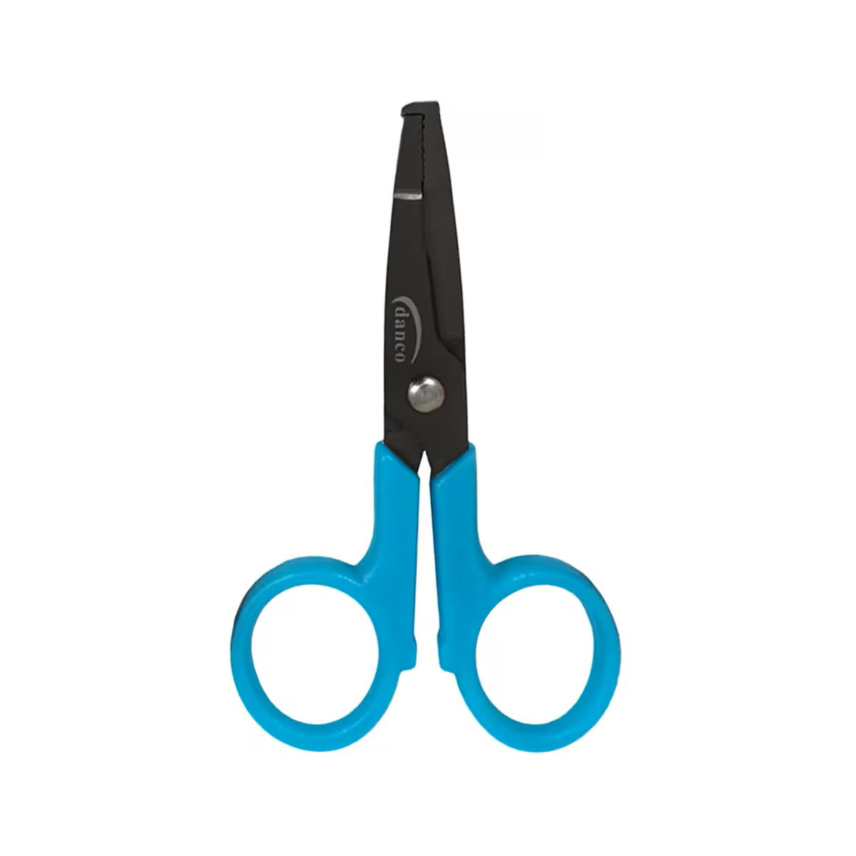 Danco Essential Series Stainless Steel Braid Scissors with blue ergonomic handles and black stainless steel blades designed for precise cutting of fishing tackle and braid lines.