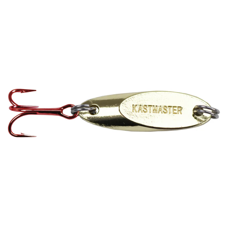Acme Kastmaster DR Tungsten spoon fishing lure with silver and gold finish and red treble hook shown on a white background