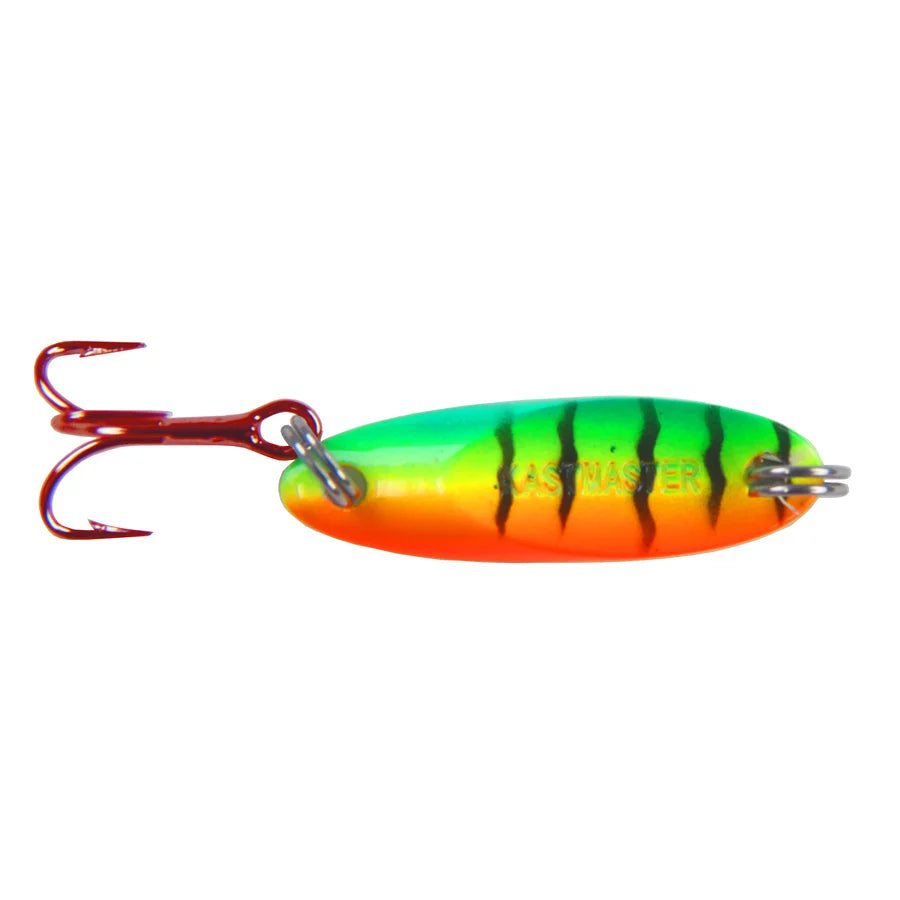 Acme Kastmaster DR Tungsten fishing lure with bright green and orange striped finish and treble hook for ice fishing tackle and casting performance