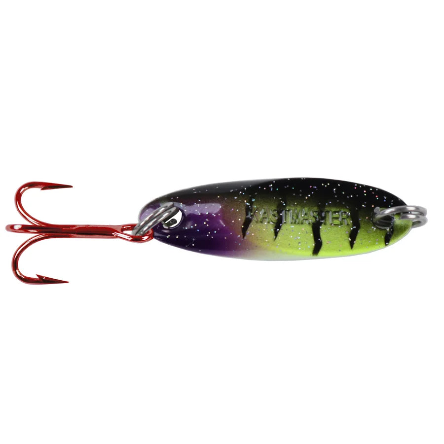 Acme Kastmaster DR Tungsten fishing lure with a purple and green speckled finish and red treble hooks for ice fishing and freshwater angling