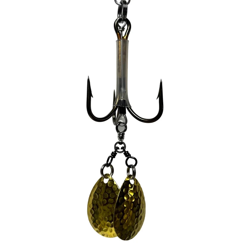 DW 6/0 Double Bladed Teaser Hook-#4 Colorado with twin hammered gold Colorado blades and a durable treble hook for musky fishing tackle