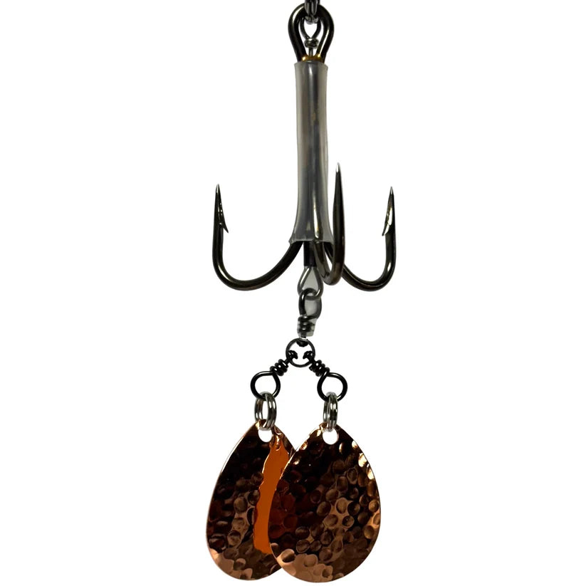 DW 6/0 Double Bladed Teaser Hook-#4 Colorado fishing tackle with a treble hook and two hammered copper blades for musky lures