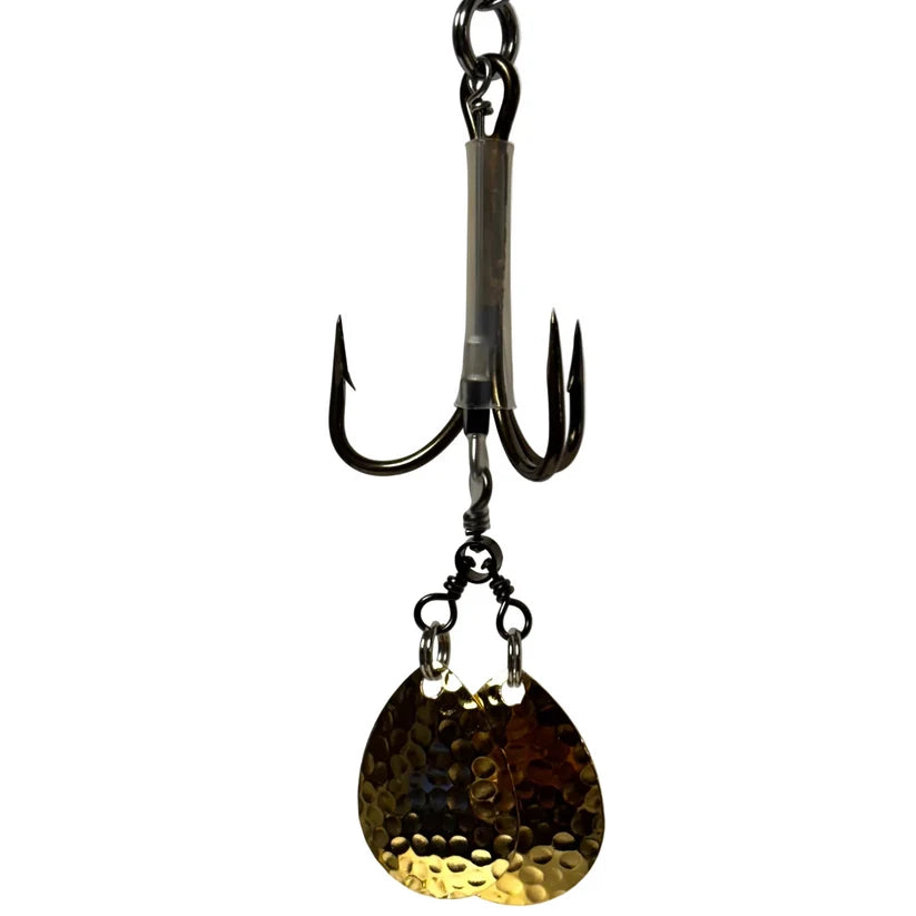 DW 6/0 Double Bladed Teaser Hook-#4 Colorado musky fishing tackle with treble hook and hammered Colorado blade for custom fishing lures