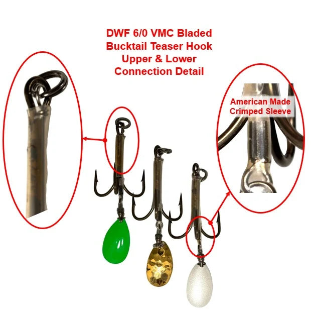 DW 6/0 Bladed Teaser Hook featuring detailed views of upper and lower connections, metal loops, and colored bladed teasers in green, gold, and white for fishing tackle use.