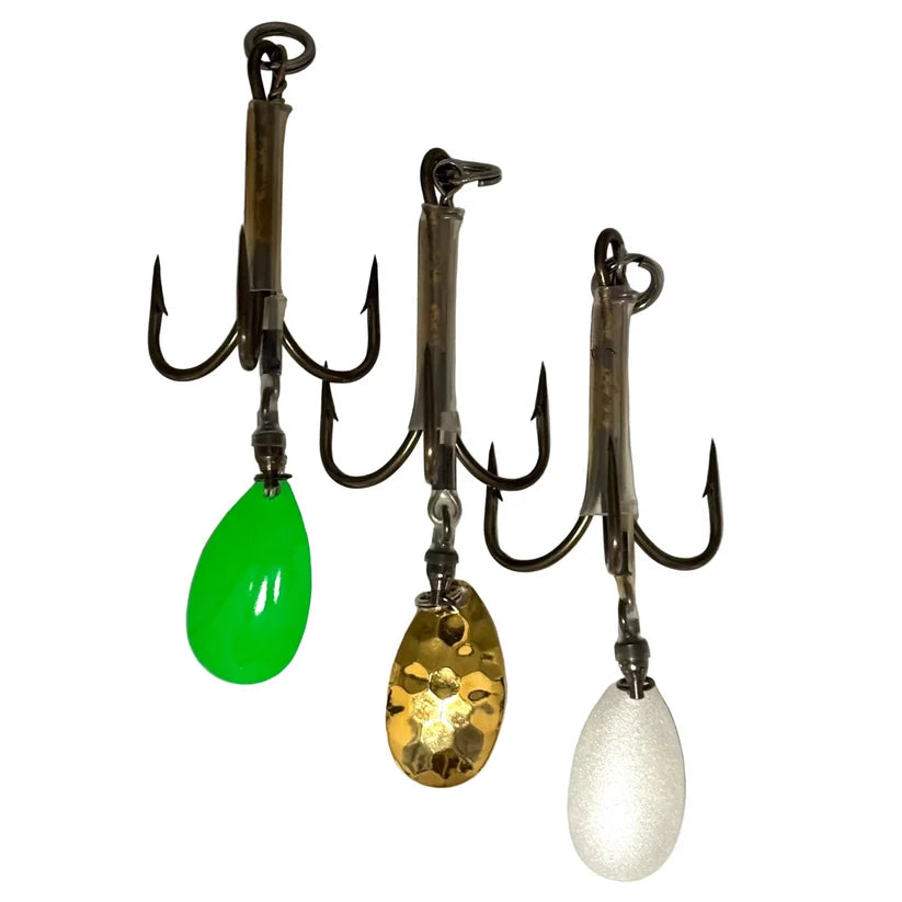 Three DW 6/0 Bladed Teaser Hooks with metal treble hooks and attached colorful spinner blades in green, gold, and silver, used for fishing tackle.