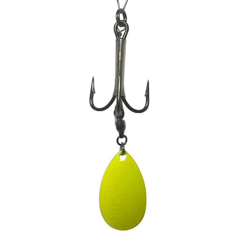 DW 7/0 Bladed Teaser Hook-#8 Indiana Blade featuring a treble hook and bright chartreuse Indiana blade for musky fishing tackle