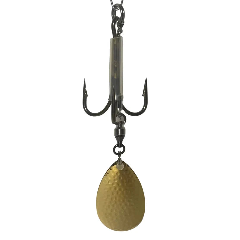 DW 7/0 Bladed Teaser Hook-#8 Indiana Blade featuring a treble hook and hammered gold spinner blade for musky fishing tackle