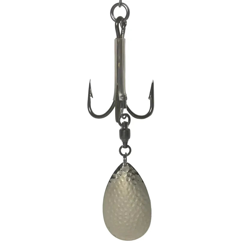 DW 7/0 Bladed Teaser Hook-#8 Indiana Blade with treble hook and textured silver oval spinner for musky fishing tackle