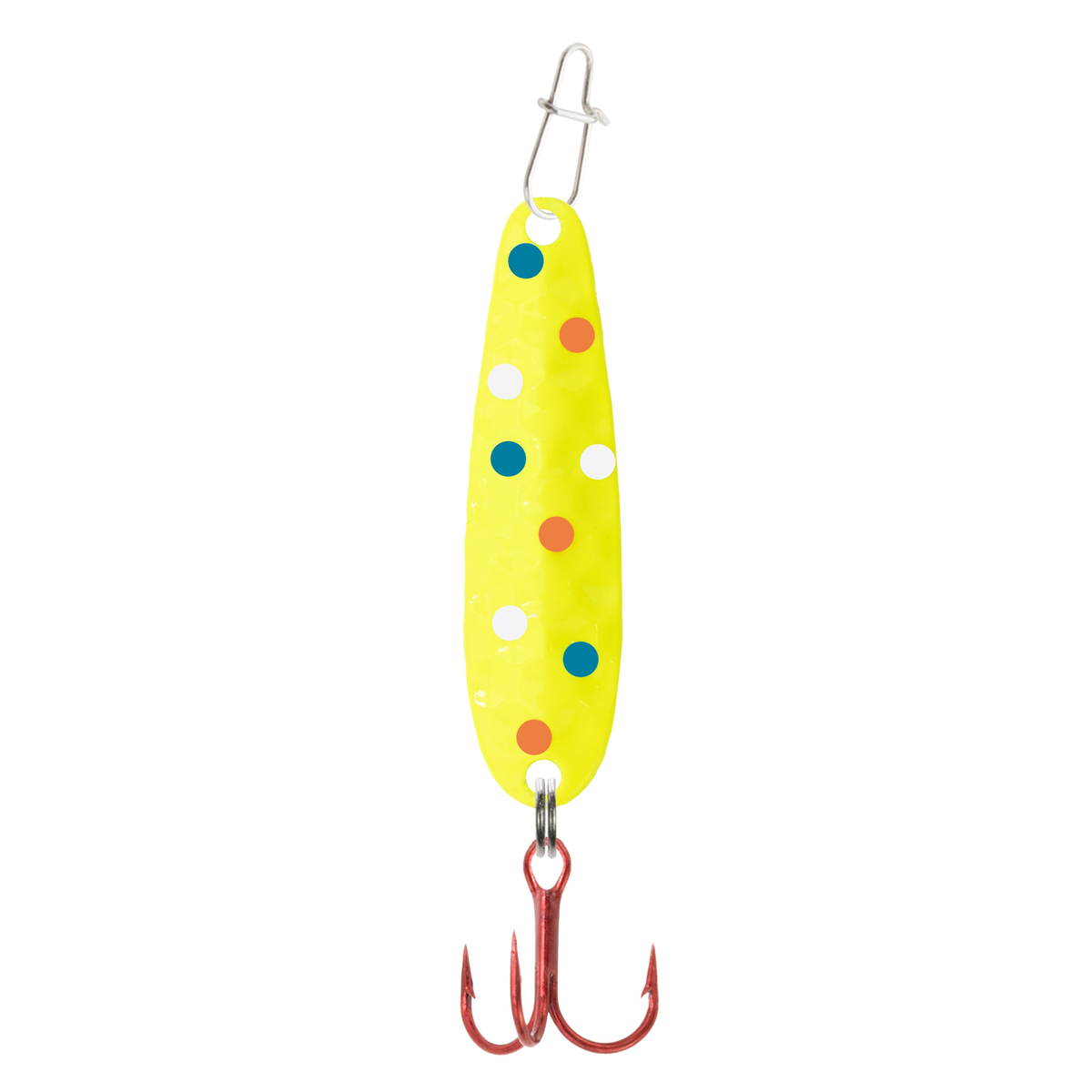 Clam Dancin' Drop Spoon fishing lure in bright chartreuse yellow with colorful blue, white, and orange dots and a red treble hook, designed for effective fishing tackle use.