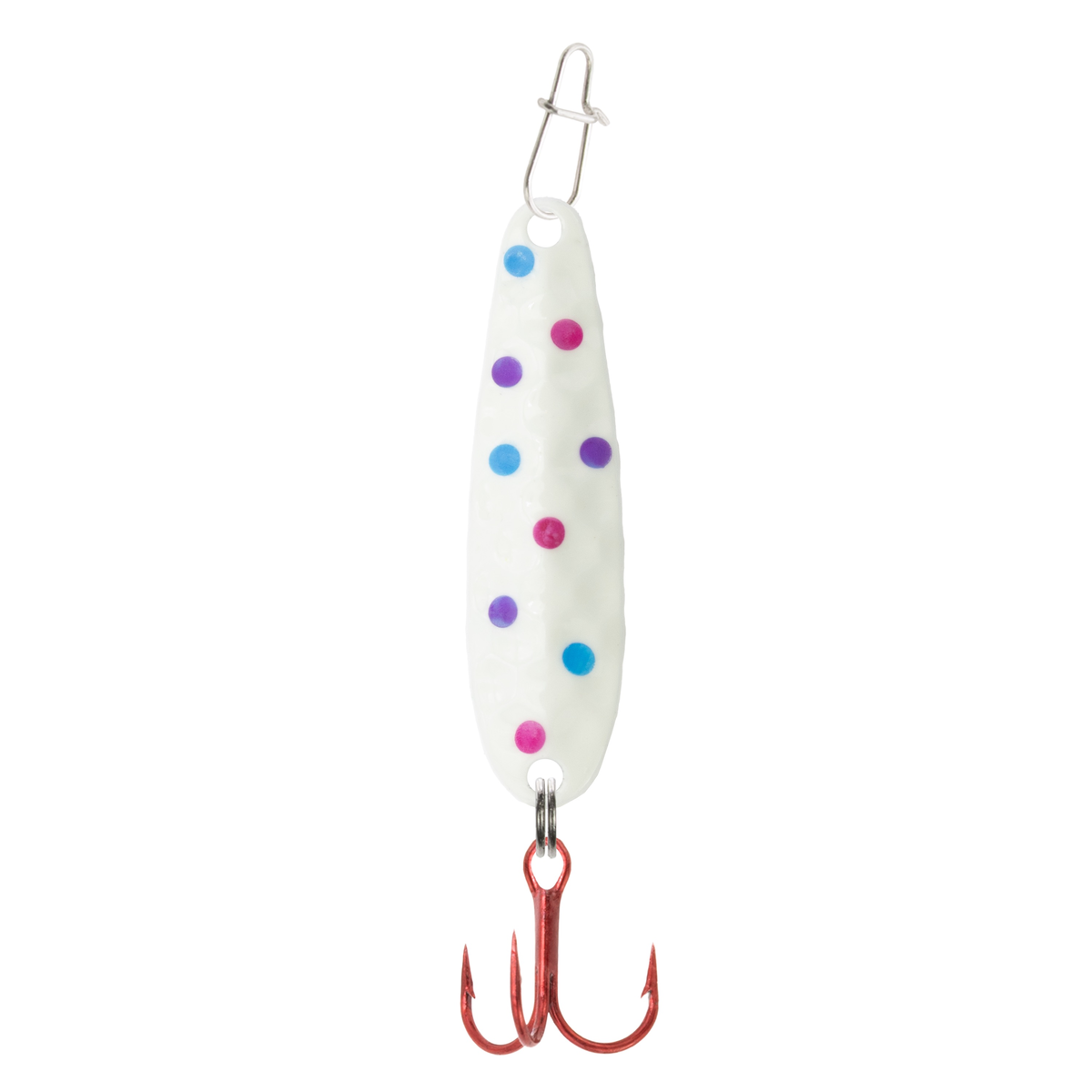 Clam Dancin' Drop Spoon fishing lure with a hammered white metal body decorated with colorful blue, purple, and pink dots, featuring a red treble hook and a metal clip attachment.