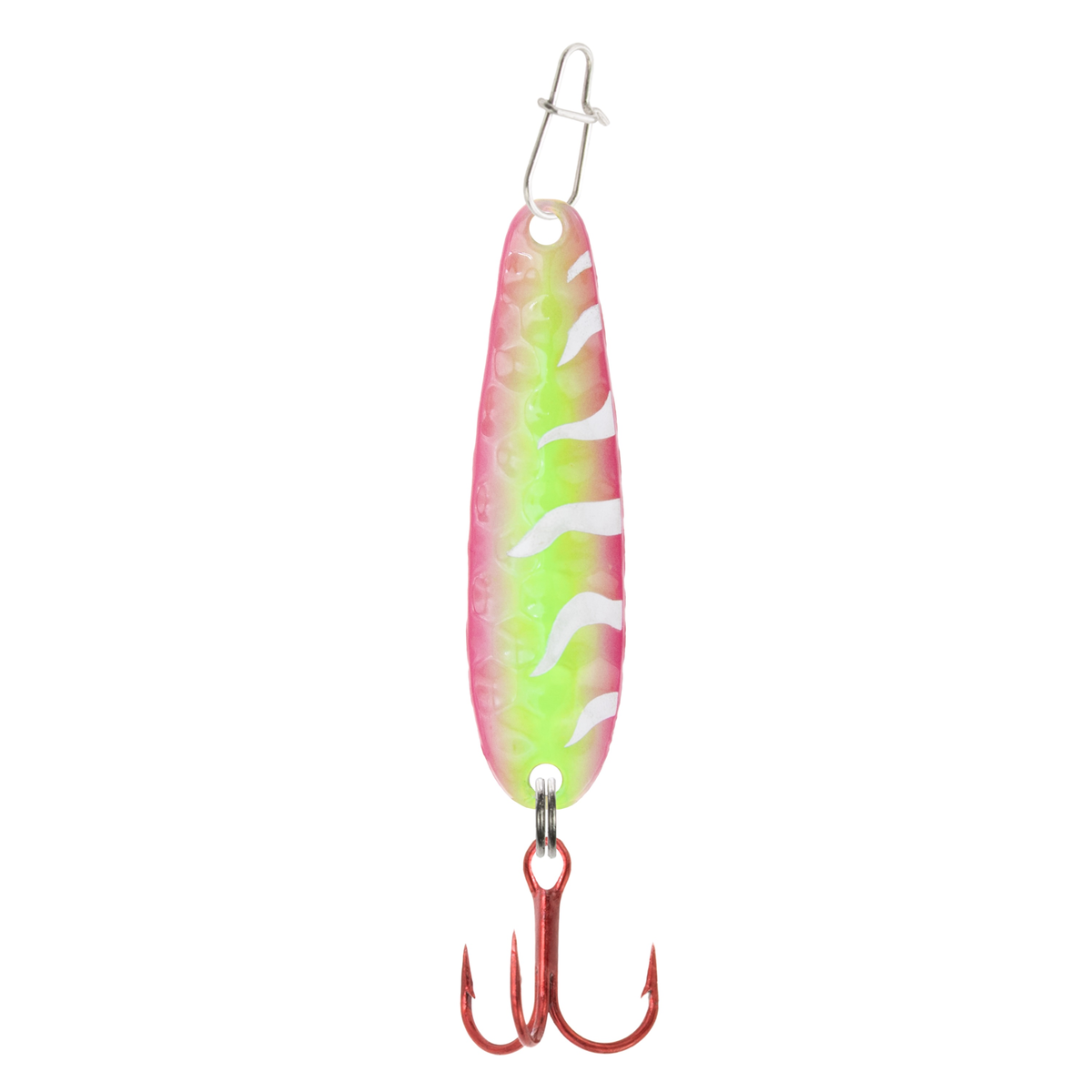Clam Dancin' Drop Spoon fishing lure in vibrant green and pink with white accents, featuring a textured body and a red treble hook for musky fishing tackle.