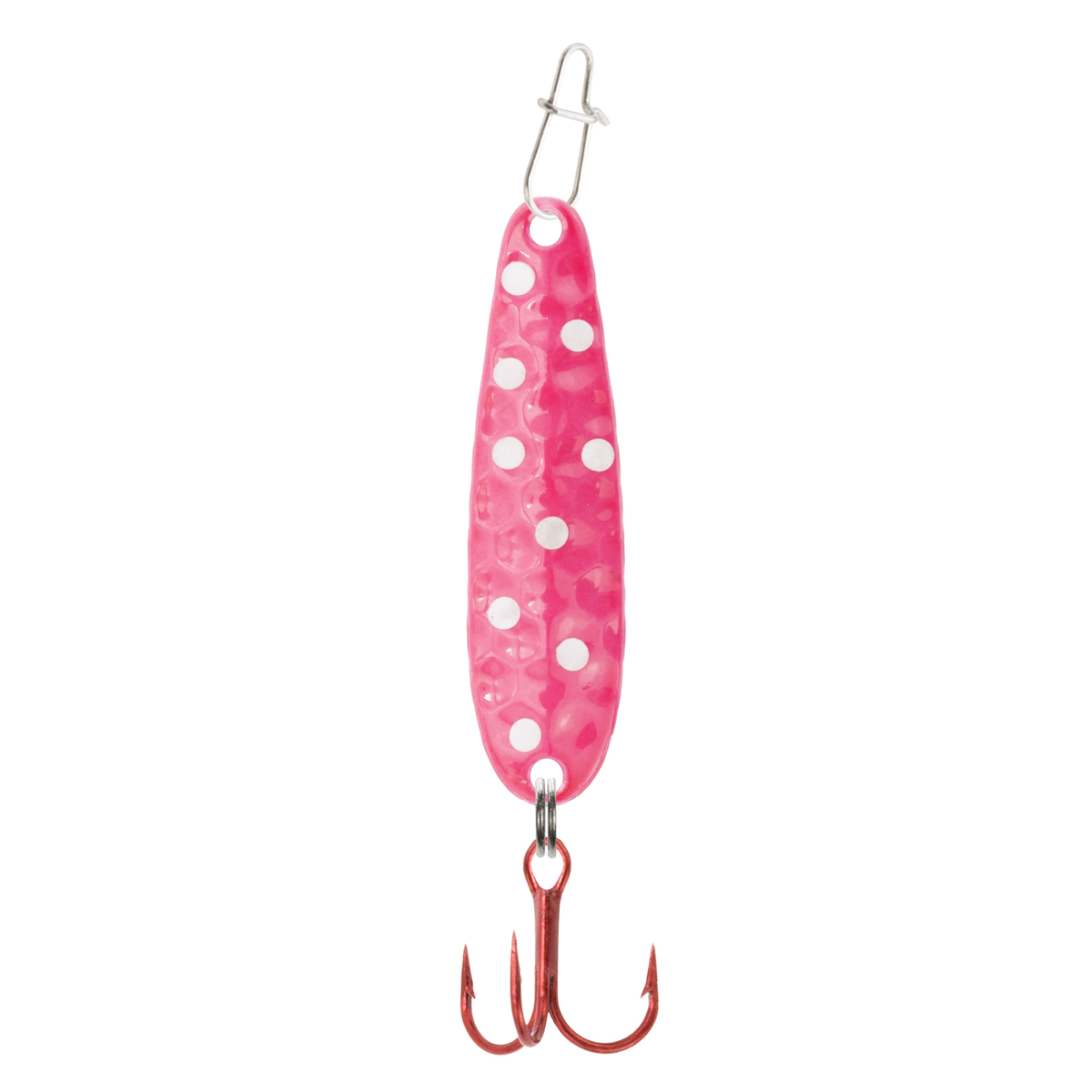 Clam Dancin' Drop Spoon fishing lure in bright pink with white polka dots, featuring a reflective hammered metal body and a sharp red treble hook for effective musky fishing tackle.