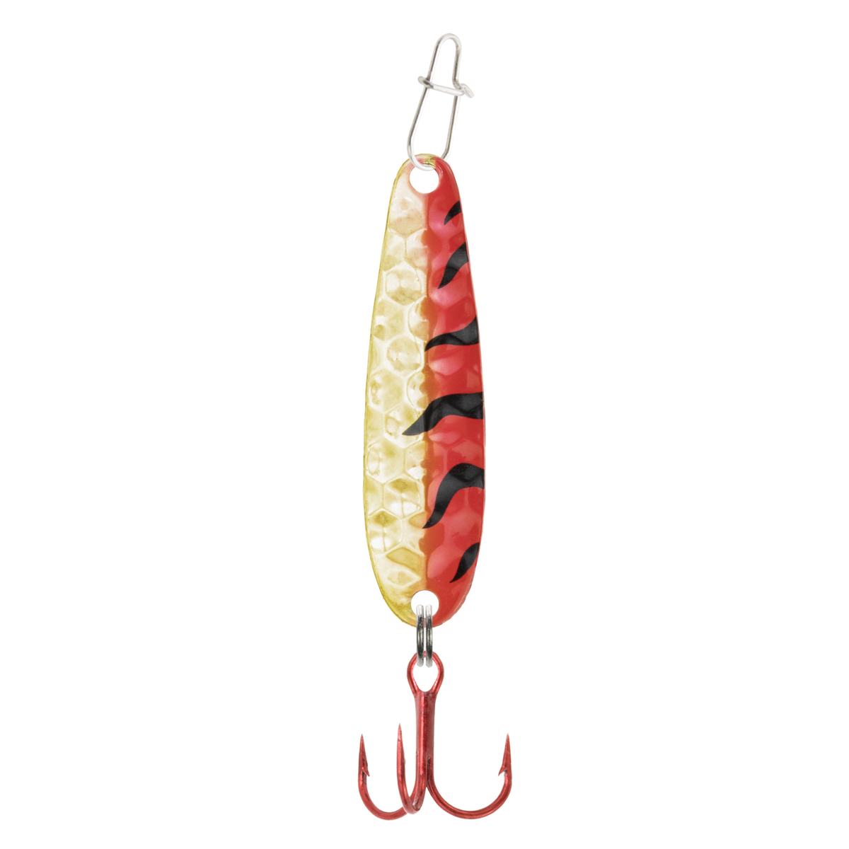 Clam Dancin' Drop Spoon fishing lure with a red and gold tiger pattern, textured metal body, and sharp treble hook designed for effective fishing tackle use.