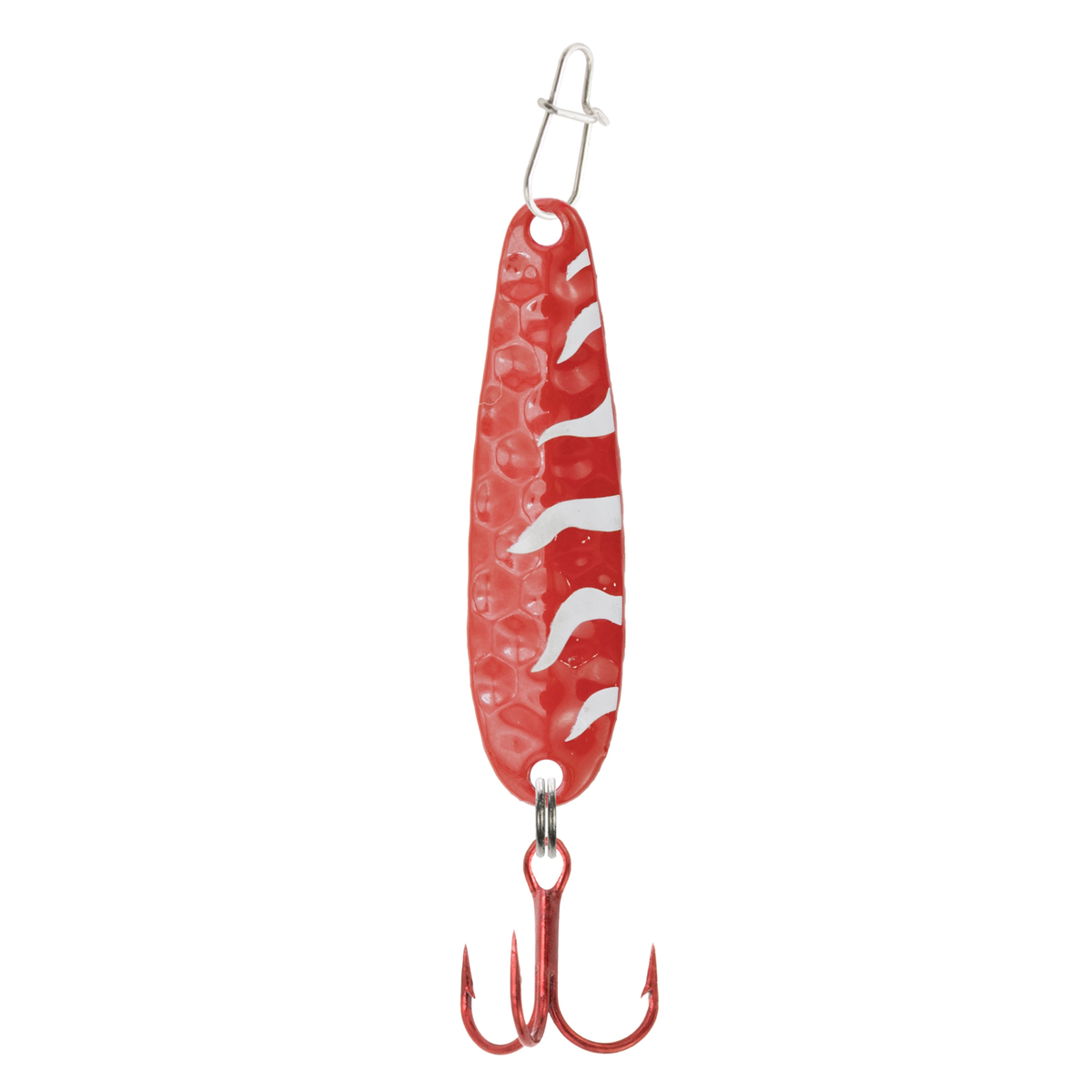 Clam Dancin' Drop Spoon fishing lure in red and white tiger pattern with hammered metal texture, equipped with a treble hook and swivel for fishing tackle use.