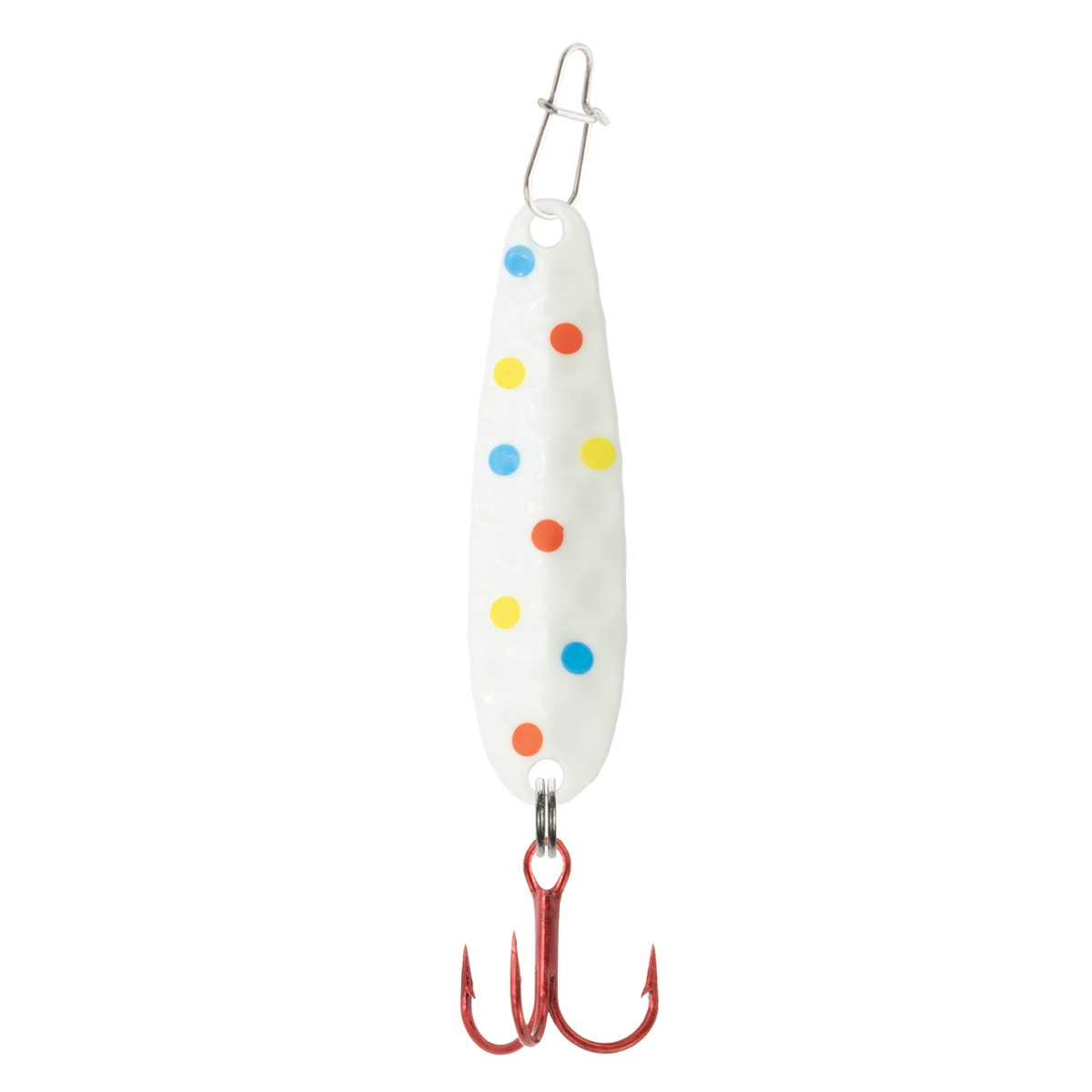 Clam Dancin' Drop Spoon fishing lure with a white body decorated with colorful blue, yellow, and orange dots, featuring a red treble hook and metal clasp for fishing tackle use.