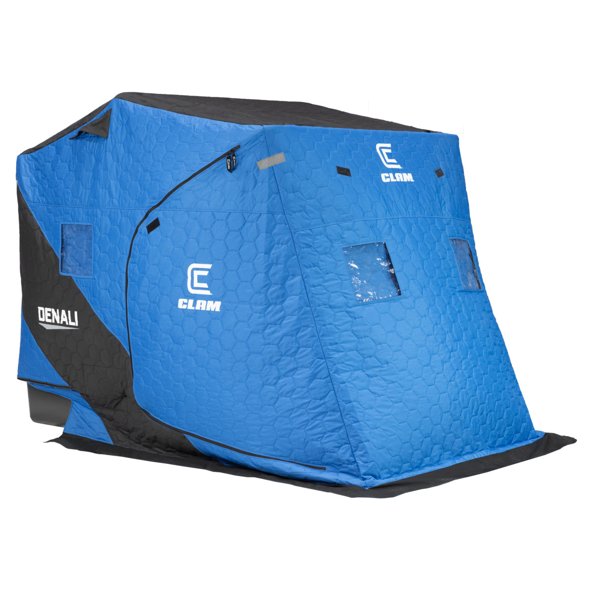 Clam Denali Thermal blue insulated ice fishing shelter with black trim zippered door windows and floor skirt shown against a white background