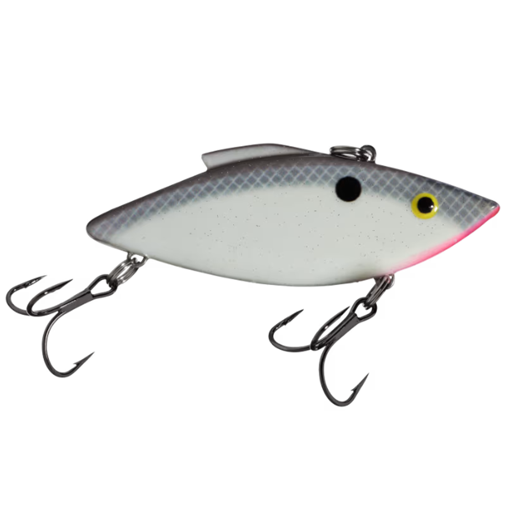 Bill Lewis Rat-L-Trap - Super Trap fishing lure with a silver and white fish-shaped body, yellow eye, black spot, and two treble hooks designed for musky fishing tackle.