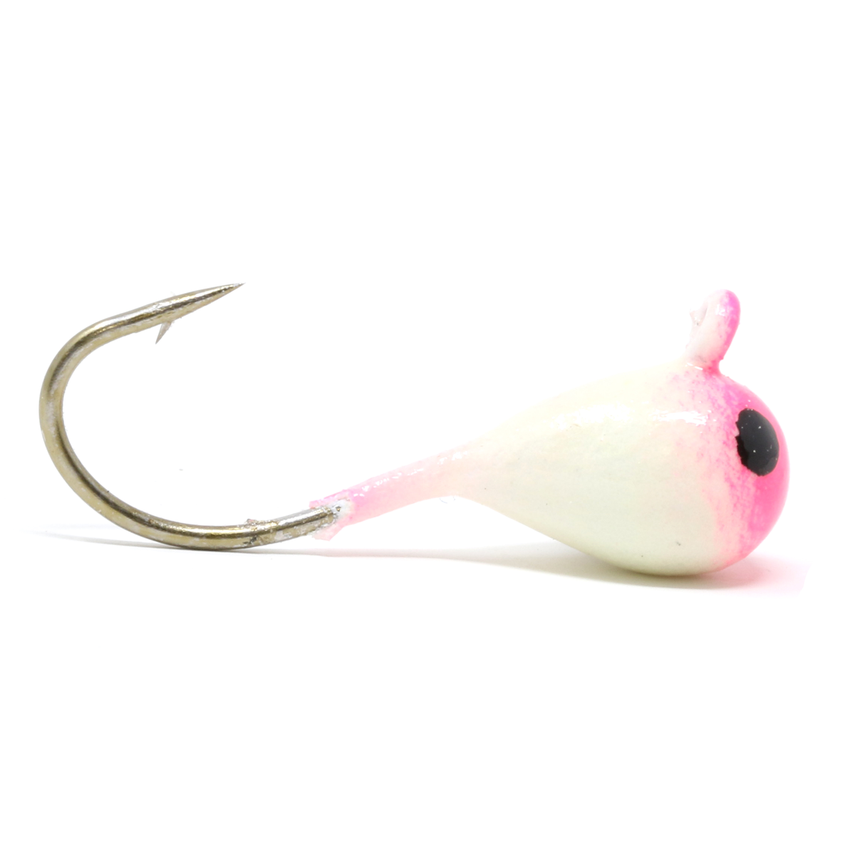 Clam Drop Jig (2 Pack) showing a close-up of a single white and pink fishing lure with a round, bulbous head and a sharp metal hook designed for fishing tackle.