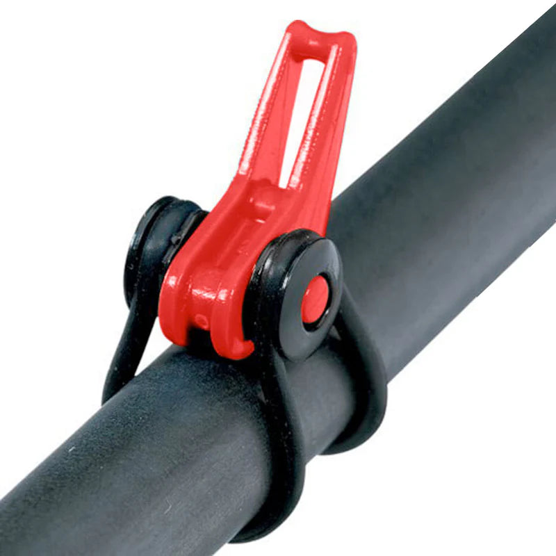 Close-up of a red and black Fuji EZ Keeper rod holder securely attached to a black fishing rod, designed to hold fishing tackle and accessories in place.
