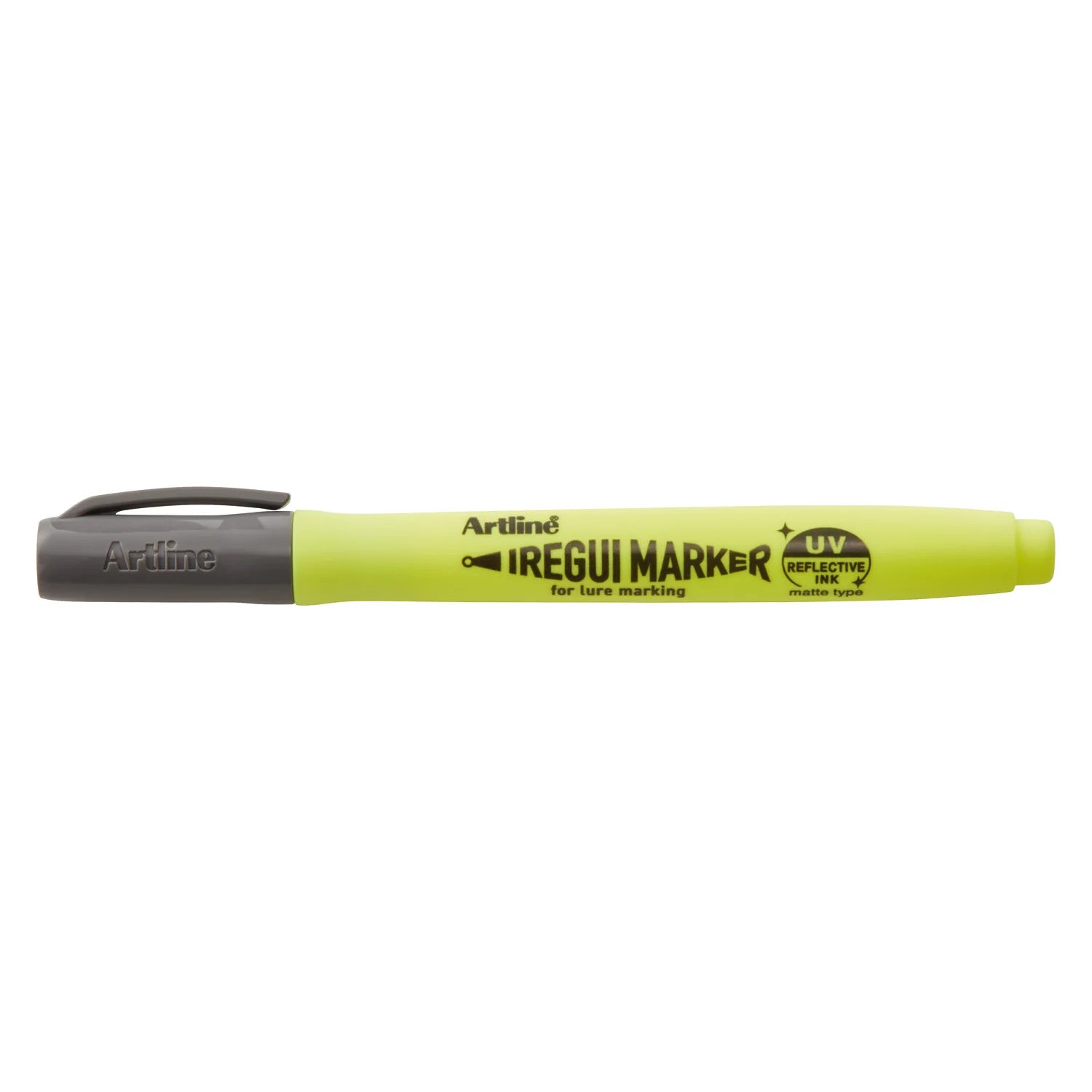 Artline IREGUI Markers in bright yellow with black cap, designed for lure marking with UV reflective ink, shown against a white background.
