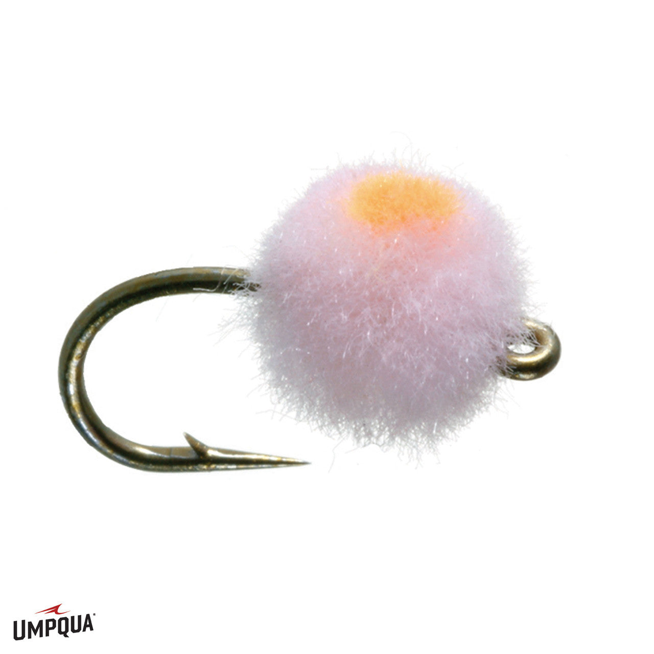 Egg Fly fishing lure featuring a soft, fuzzy pink and yellow spherical body attached to a sharp metal hook, designed for attracting fish in freshwater fishing.