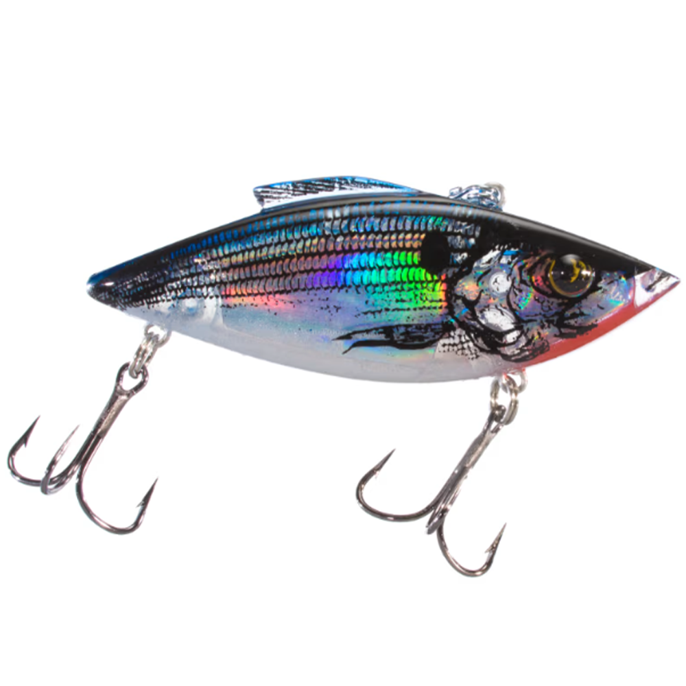 Bill Lewis Rat-L-Trap - Super Trap fishing lure with a shiny, holographic silver and black fish design and two sharp treble hooks for freshwater fishing tackle.