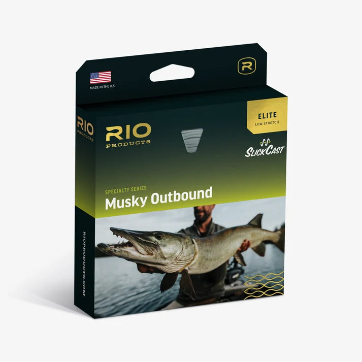 Rio Elite Musky Outbound fly fishing line package featuring a musky image and Elite low stretch design for anglers targeting large freshwater fish