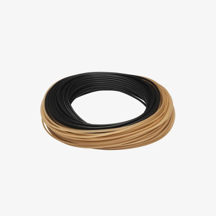 Rio Elite Musky Outbound fly fishing line shown as a coiled black and tan line for musky fishing tackle