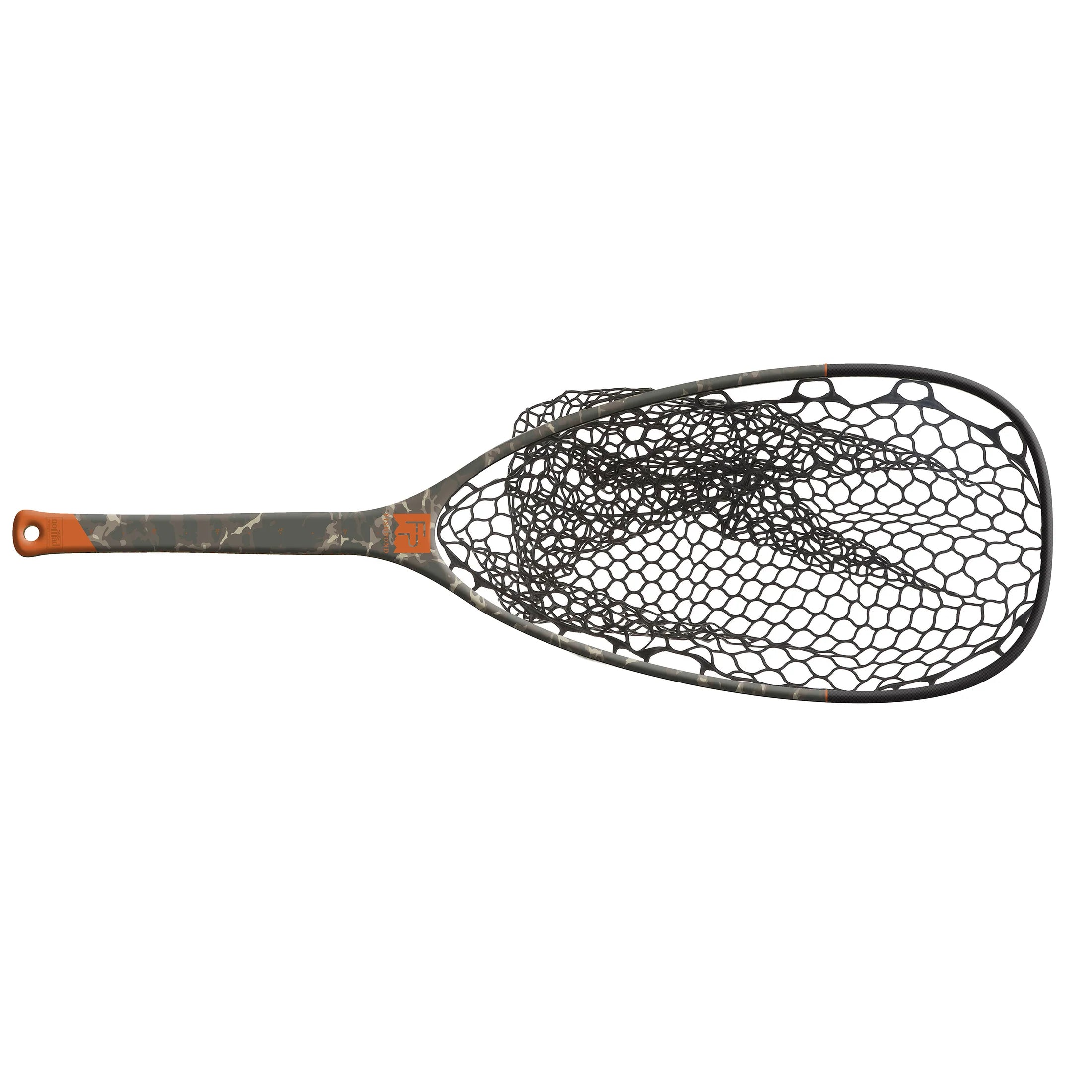 Fishpond Emerger Net 2.0 with a camo-patterned handle and a black rubberized mesh net, designed for durable and efficient catch-and-release fishing.