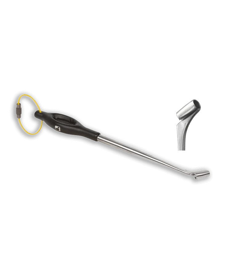 Loon Outdoors Ergo Quick Release fishing tool with a black ergonomic handle, stainless steel shaft, quick release mechanism, and attached yellow safety cable.