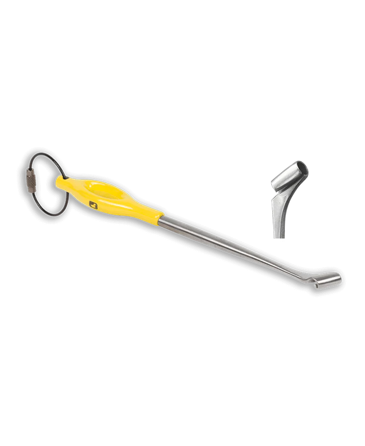 Loon Outdoors Ergo Quick Release tool with a yellow ergonomic handle, curved stainless steel shaft, and a separate silver metal attachment for fishing tackle use.
