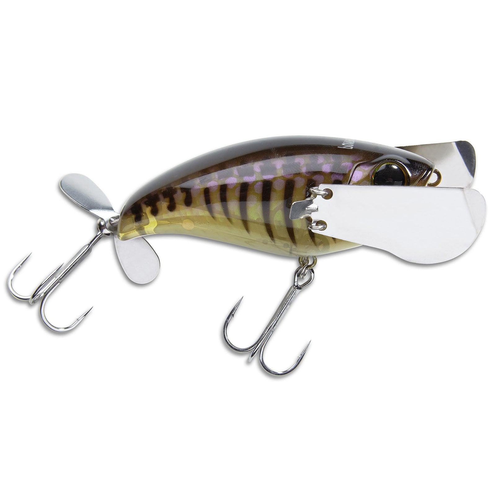 Jackall Pompadour fishing lure with a translucent body featuring brown striped pattern, two treble hooks, a metal propeller tail, and a large silver diving lip for musky fishing.