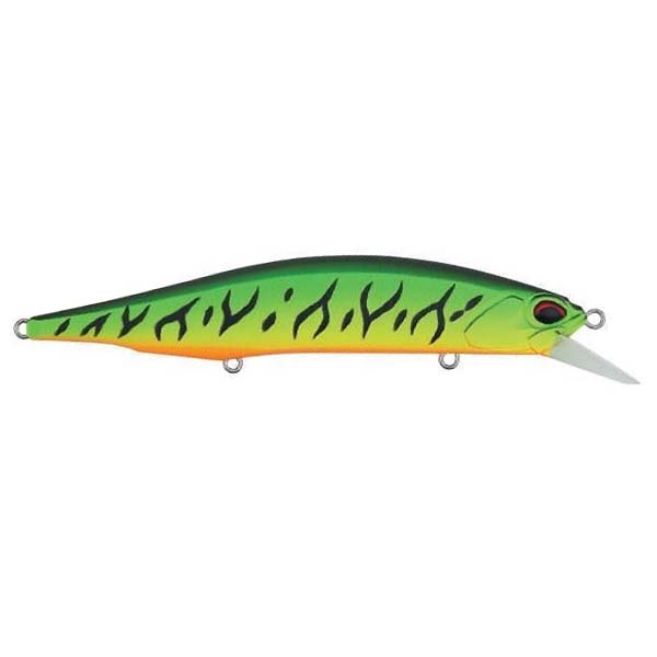 Duo Realis 110SP Jerkbait in green and orange with black tiger stripe pattern, designed as a fishing lure for targeting musky and other predator fish.
