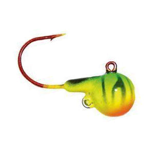 Mission Tackle Short Shank Jig fishing lure with a red hook and a round, painted head featuring green, yellow, and orange gradient colors designed for effective fishing tackle use.