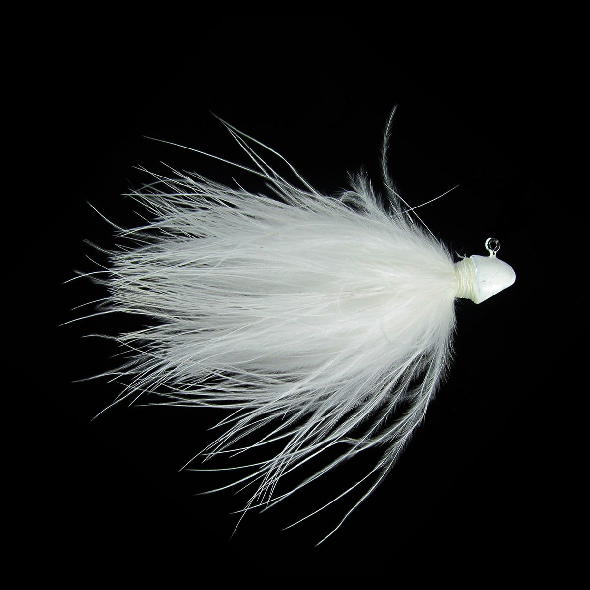 Outkast Tackle Fighter Fly Marabou Jig with soft, white marabou feathers and a streamlined white head, designed for effective fishing lure action and attraction.