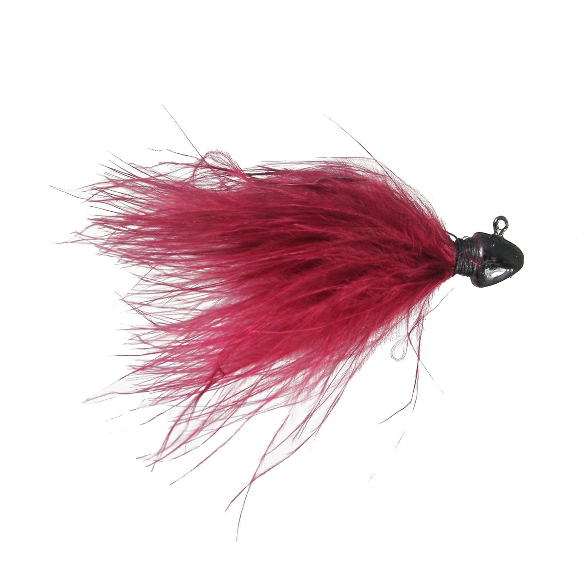 Outkast Tackle Fighter Fly Marabou Jig with a dark weighted head and vibrant red marabou feathers designed as a fishing lure for freshwater fishing tackle.