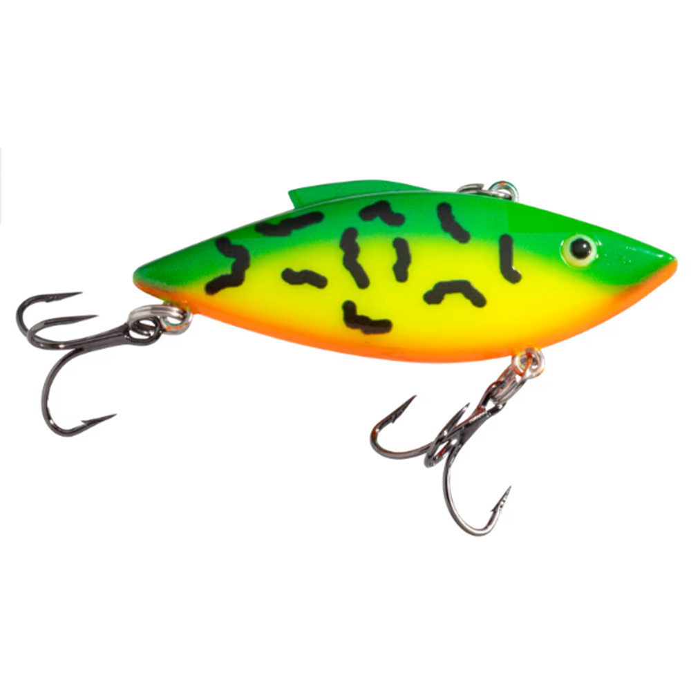 Bill Lewis Rat-L-Trap - Standard fishing lure with a green, yellow, and orange fire tiger color pattern and two sharp treble hooks designed for fishing tackle use.
