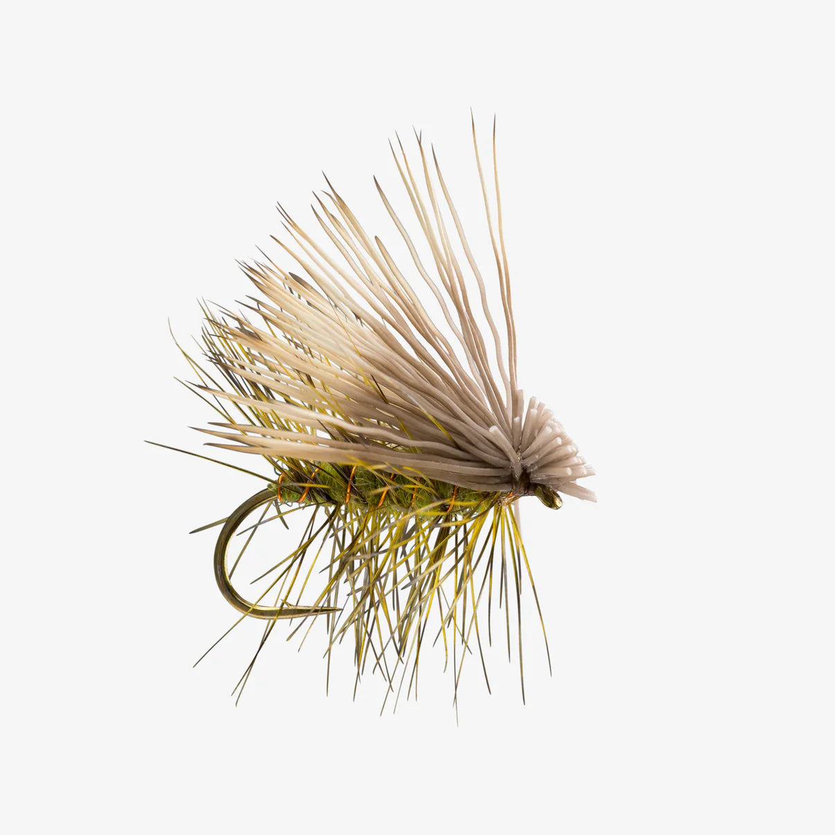 Close-up of an Olive Elk Hair Caddis fishing lure with natural hair fibers and detailed construction, designed for freshwater fly fishing tackle.