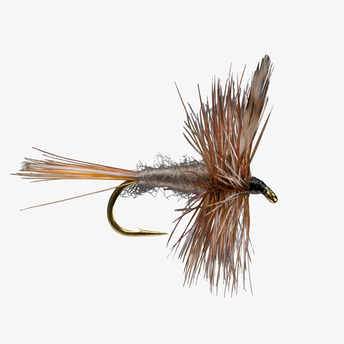 Close-up of an Adams Mayfly dry fly fishing lure with a gold hook, detailed brown and gray body, and soft feather wings designed for freshwater fishing tackle.