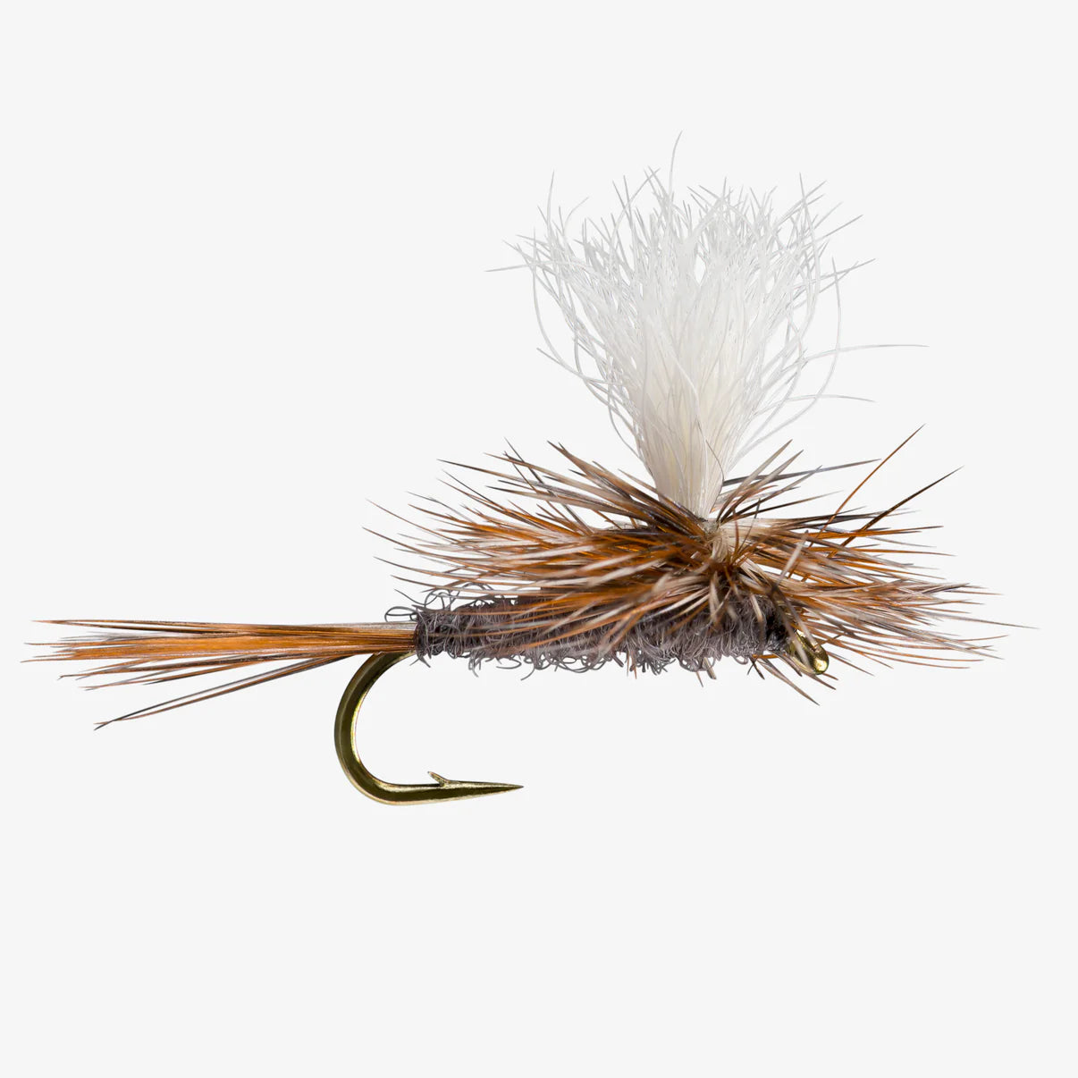 Detailed close-up of a Parachute Adams fishing fly featuring brown and gray hackle fibers with a white parachute wing, designed for freshwater fly fishing tackle.