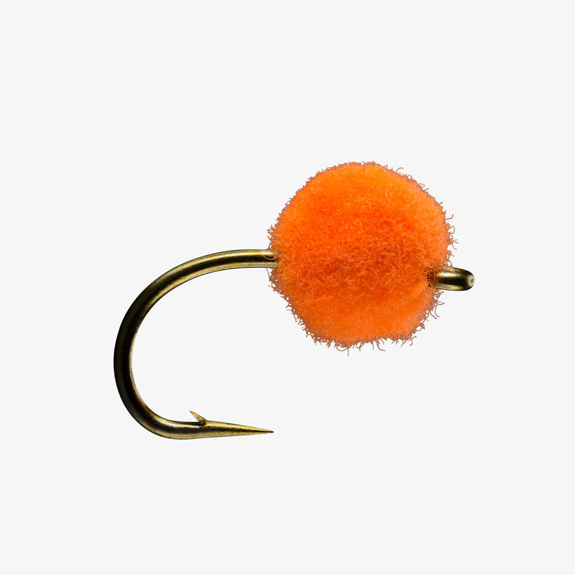 Egg Fly fishing lure featuring a sharp bronze hook with a bright orange fuzzy ball attached, designed for freshwater fishing tackle and fly fishing.