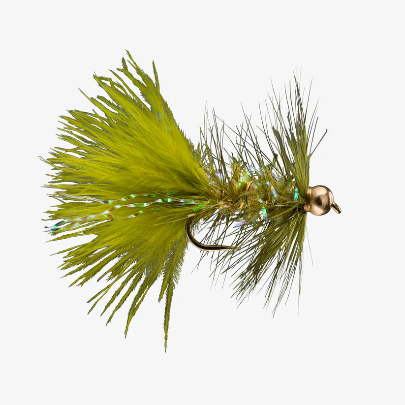 Wooly Bugger fishing lure with olive green feathers, iridescent accents, and a copper bead head designed for freshwater fishing tackle use.