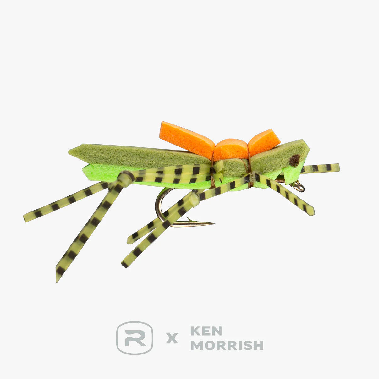 Close-up of a Morrish Hopper fishing lure featuring detailed green and orange foam body with striped legs, designed for freshwater fishing tackle.