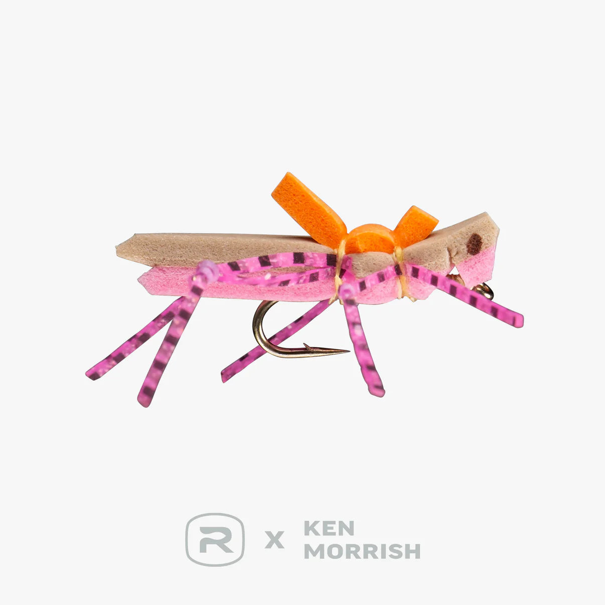 Morrish Hopper fishing lure with a beige foam body, bright orange accents, and pink striped rubber legs designed to attract freshwater fish.